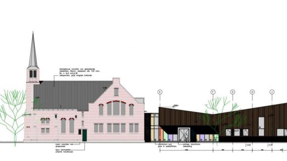Digitale tekening van het historische kerkgebouw dat deel uitmaakt van het multifunctioneel centrum in Siddeburen.