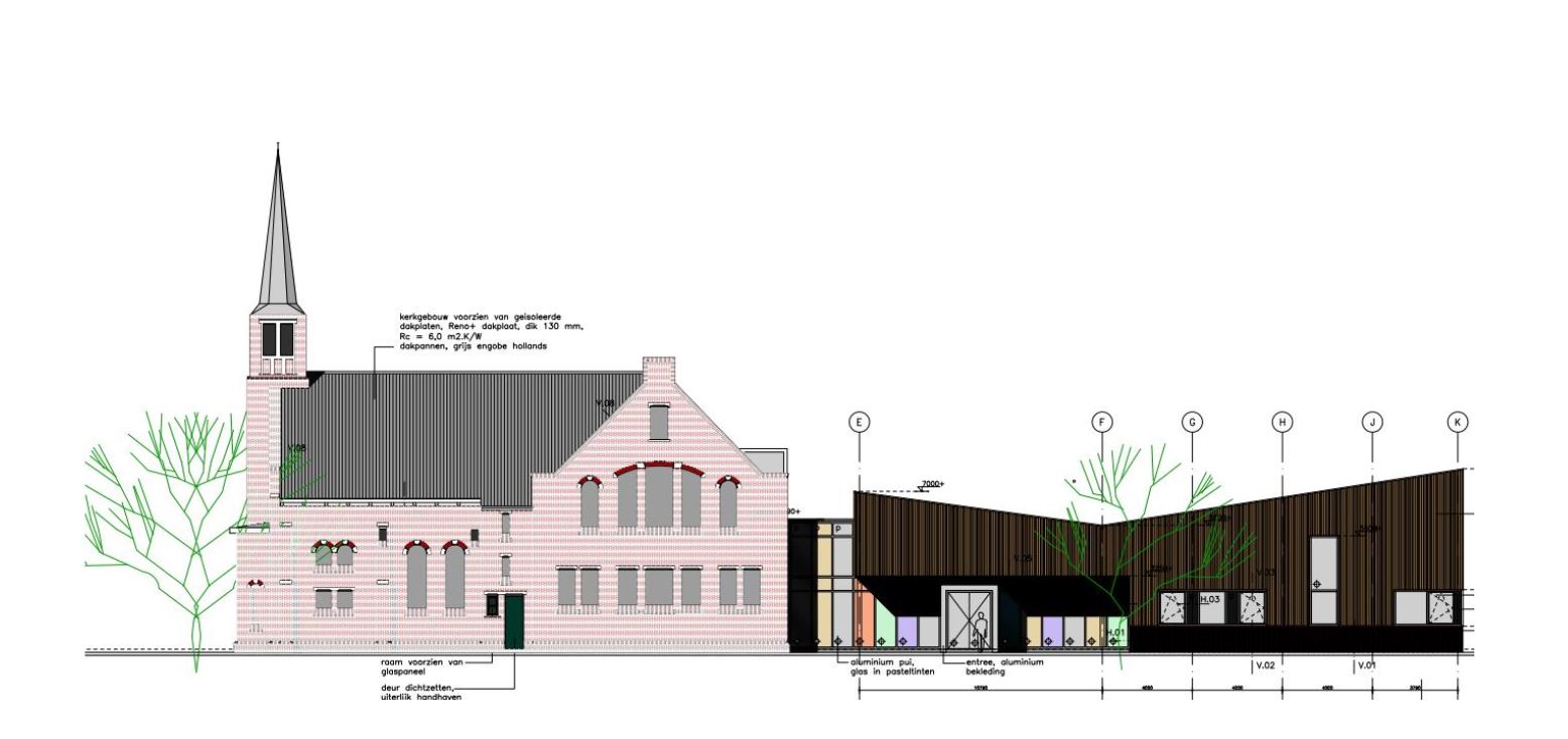 Digitale tekening van het historische kerkgebouw dat deel uitmaakt van het multifunctioneel centrum in Siddeburen.