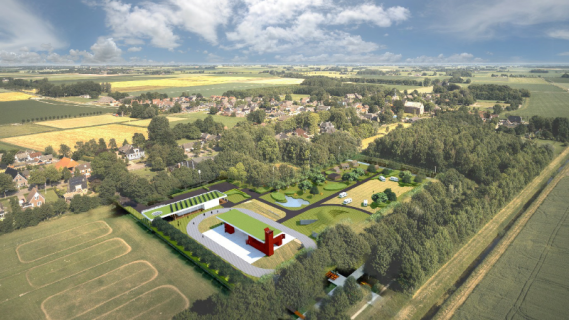 Getekende plattegrond van Landgoed De Camping, dat neergezet is op een voetbalveld in 't Zandt. Een lokaal initiatief dat gesteund is door de provincie Groningen.
