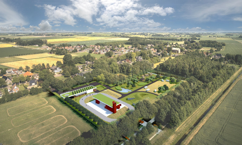 Getekende plattegrond van Landgoed De Camping, dat neergezet is op een voetbalveld in 't Zandt. Een lokaal initiatief dat gesteund is door de provincie Groningen.