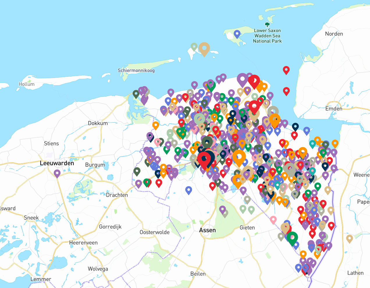 Kaart van Noord-Nederland met locatie-pointers in de provincie Groningen die aangeven waar een project plaatsvindt.