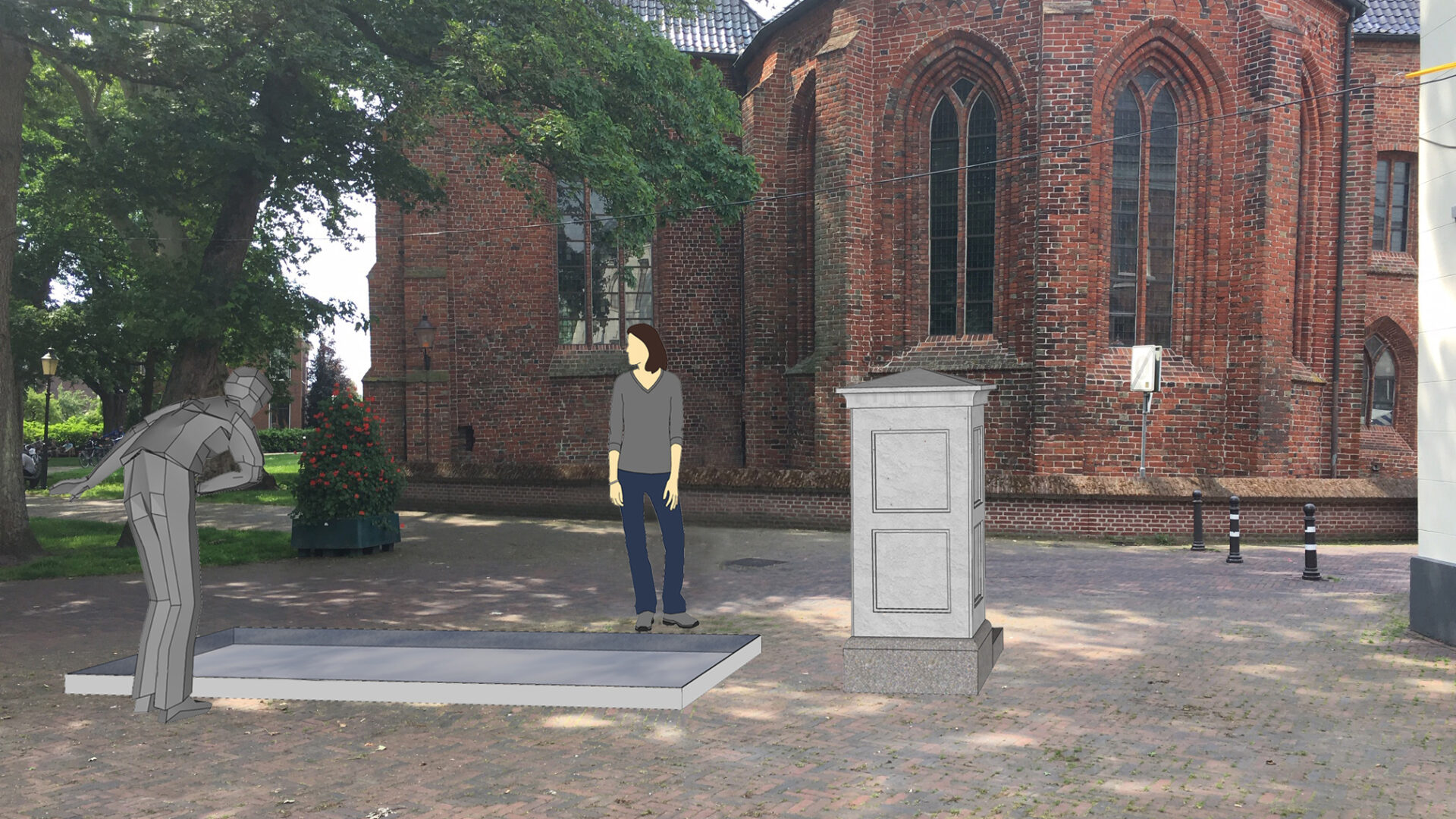 Foto van de Nicolaikerk in Appingedam met hierin een tekening waar de regenwaterbak zich bevindt