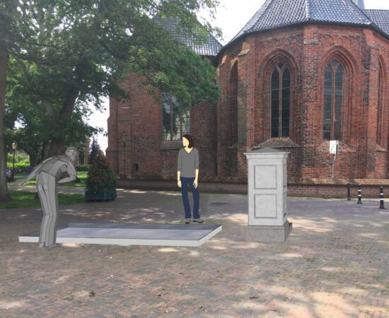 Foto van de Nicolaikerk in Appingedam met hierin een tekening waar de regenwaterbak zich bevindt