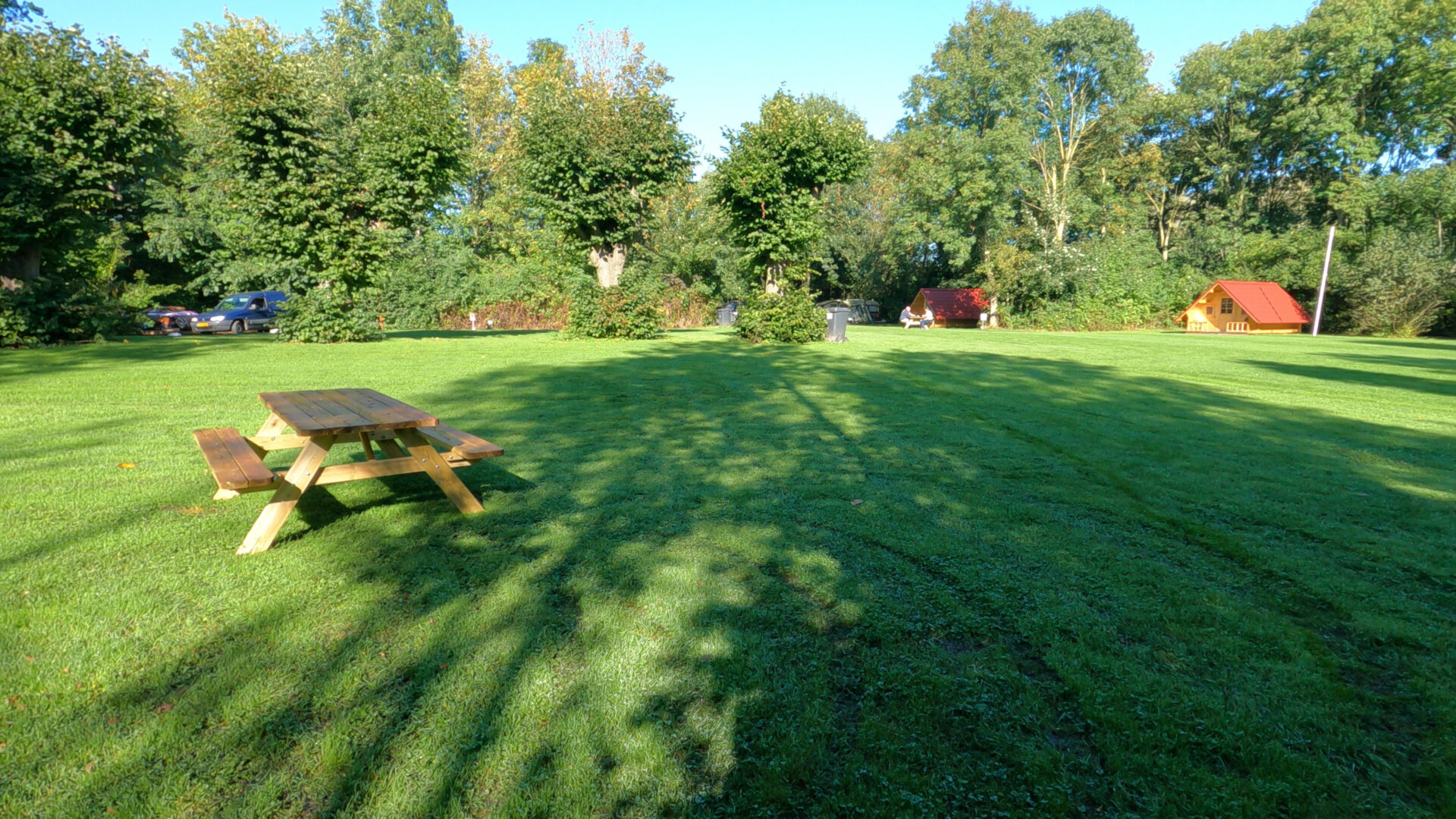 Het campingveld van Camping Holland Poort met een picknickbankje en trekkershuisjes op de achtergrond