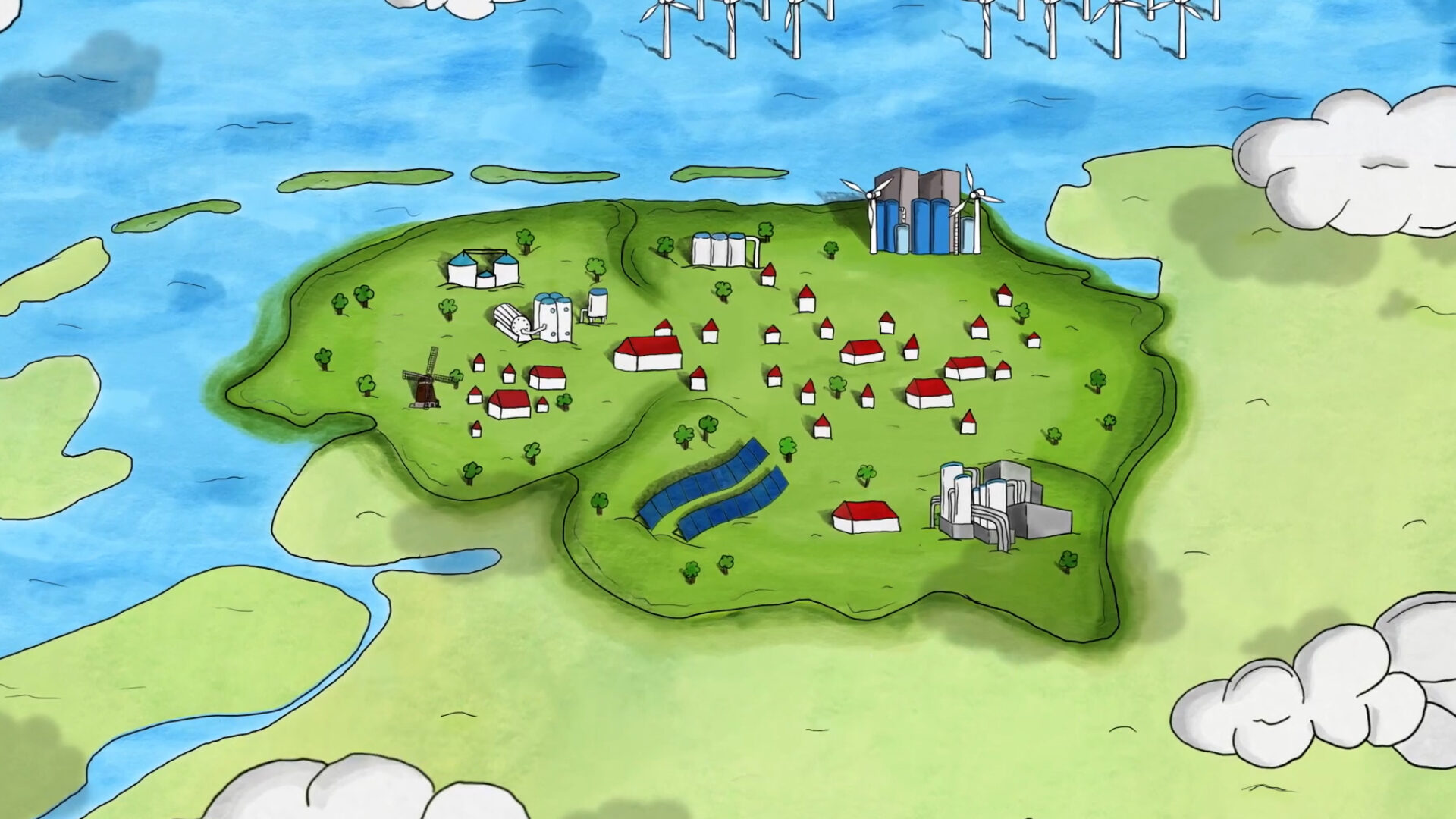 Decoratieve tekening van de drie noordelijke provincies waarin waterstoftanks verdeeld staan.