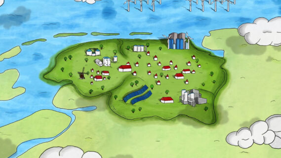 Decoratieve tekening van de drie noordelijke provincies waarin waterstoftanks verdeeld staan.