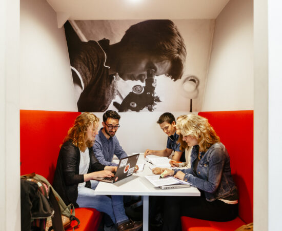 Decoratieve foto van studenten die samenwerken aan een project